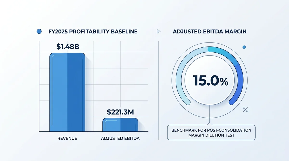 Blue Bird FY2025 profitability baseline chart: revenue about $1.48B, adjusted EBITDA $221.3M, margin about 15%, shown as a ba