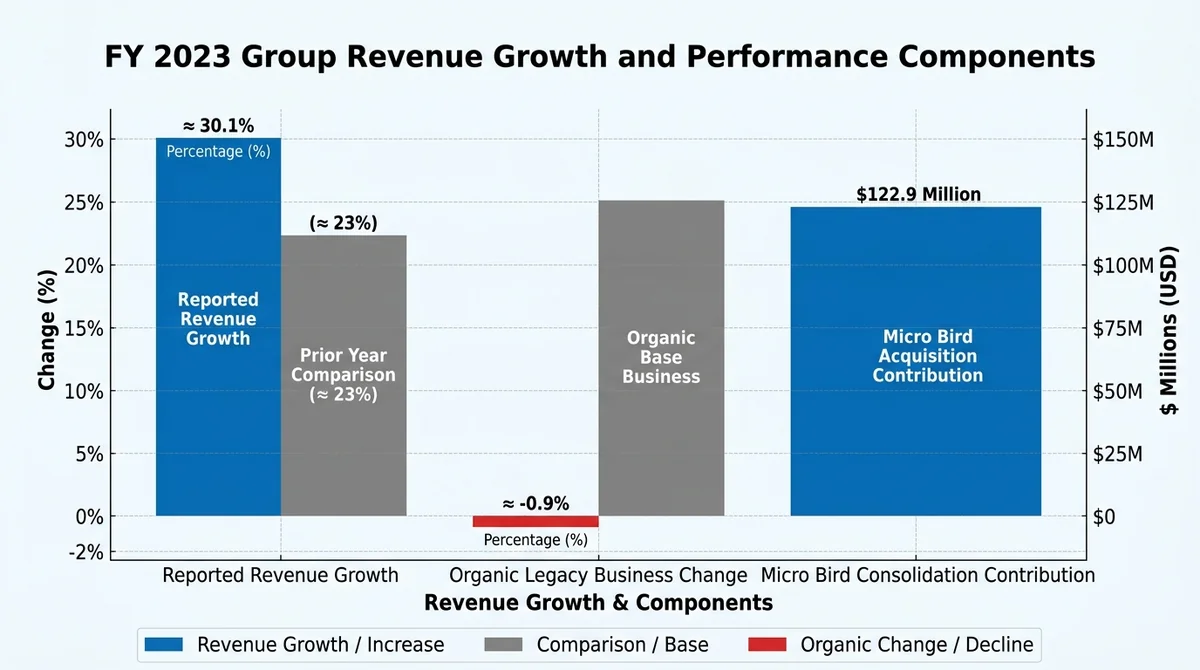 Wide 16:9 horizontal grouped bar chart, left group headline reported revenue growth near 30 percent, right group organic lega