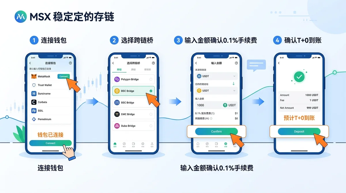 MSX稳定币入金操作流程步骤图：以移动端UI风格展示4个步骤——Step 1连接钱包、Step 2选择跨链桥、Step 3输入金额确认0.1%手续费、Step 4确认T+0到账，每步配箭头高亮关键操作位置