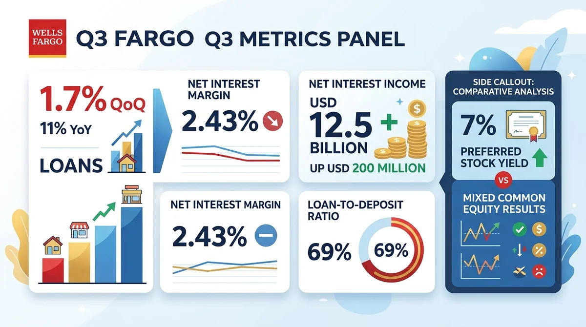 Wells Fargo Q3 metrics panel: net interest margin at 2.43%, net interest income up USD 200 million to USD 12.5 billion, loans