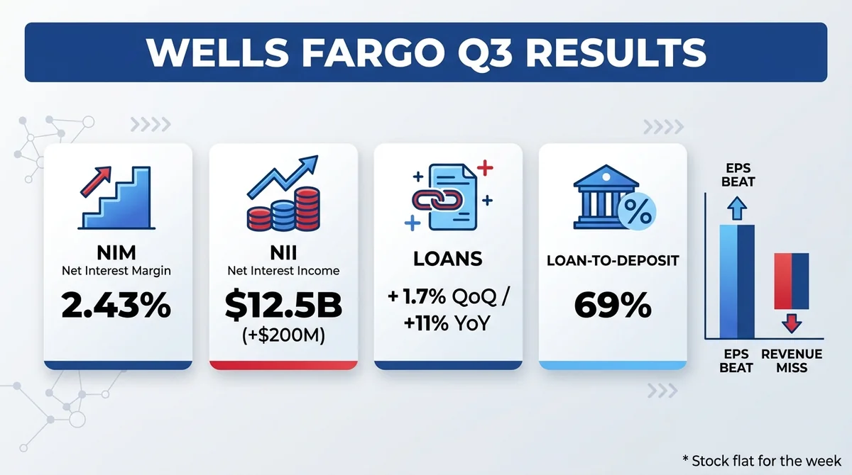 Wide 16:9 horizontal KPI dashboard graphic for Wells Fargo Q3, four metric cards reading 'NIM 2.43%', 'NII $12.5B (+$200M)',