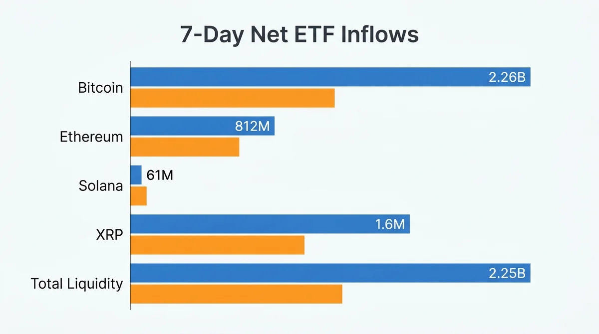 Wide 16:9 horizontal grouped bar chart, five bars labeled Bitcoin, Ethereum, Solana, XRP and Total Liquidity, values in US do
