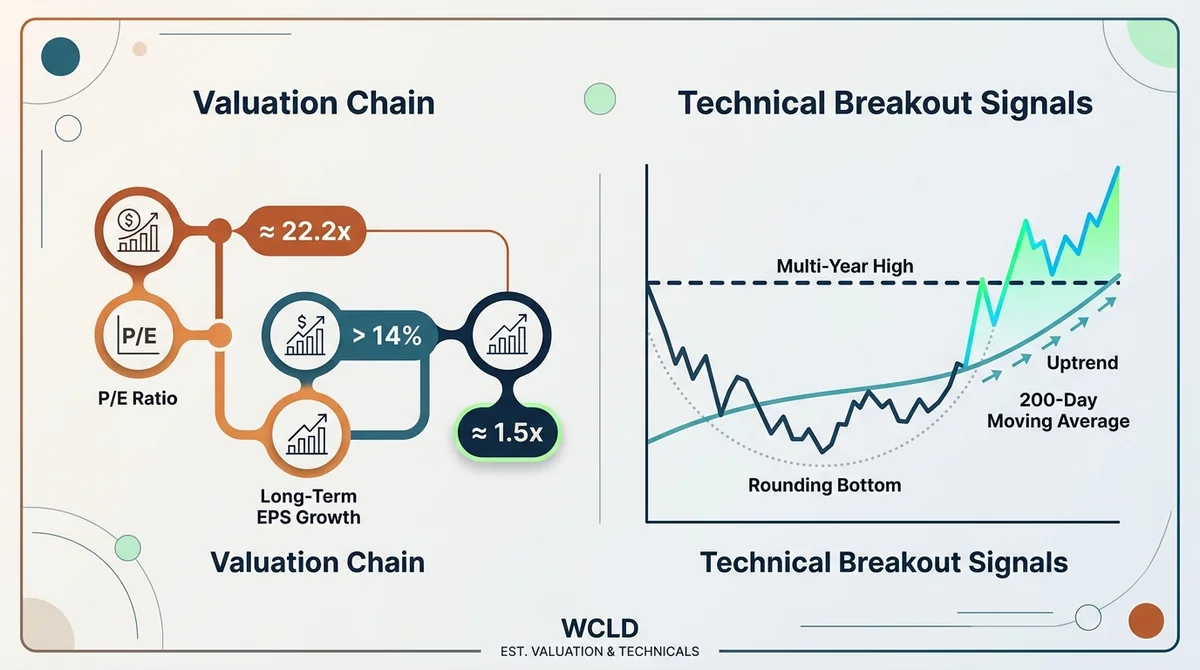 WCLD 估值与技术面双信号图:左侧为市盈率约 22.2 倍与长期 EPS 增速超 14% 推导出 PEG 约 1.5 倍的估值链条,右侧为价格圆弧底突破多年高点、200 日均线上行的示意曲线