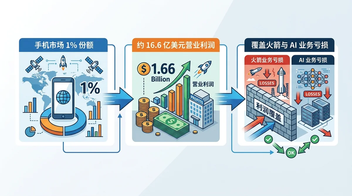 SpaceX 手机业务测算信息图:以手机市场 1% 份额为起点,箭头指向约 16.6 亿美元营业利润,再指向覆盖火箭业务与 AI 业务亏损的结论,形成三段式商业模型链条