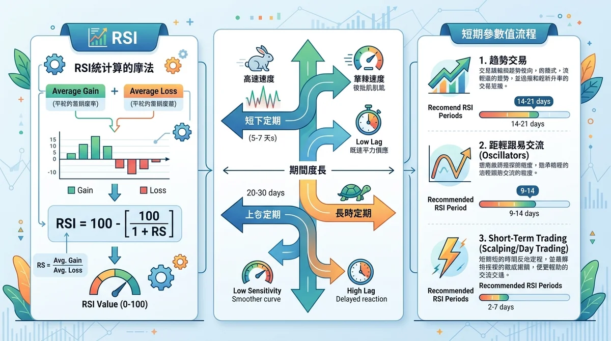 RSI计算逻辑与参数关系信息图：左侧展示RSI计算公式简化示意，中间用箭头流程展示周期长短与灵敏度/滞后性的反向关系，右侧列出三种交易风格（趋势/震荡/短线）对应的推荐参数区间