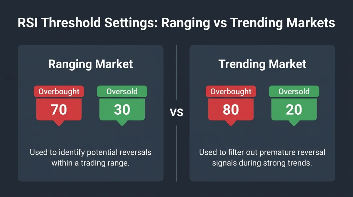 Wide 16:9 horizontal split comparison card, dark slate background, two panels side by side, left panel titled 'Ranging Market
