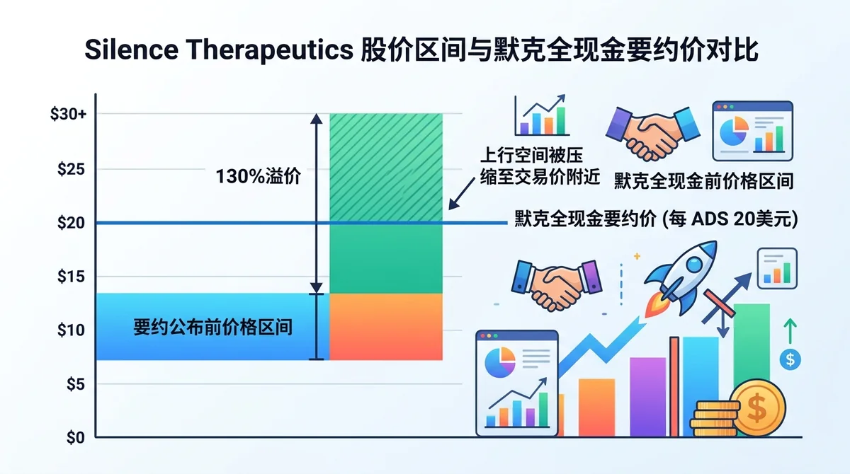 Silence Therapeutics 股价区间与默克全现金要约价对比图:展示要约公布前价格、130%溢价幅度与每 ADS 20美元交易价上限,用横向条形图说明上行空间被压缩至交易价附近