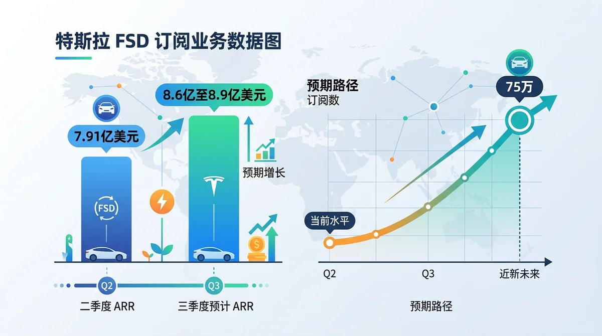特斯拉 FSD 订阅业务数据图:二季度 ARR 7.91亿美元与三季度预计 ARR 8.6亿至8.9亿美元的横向对比,并标注订阅数由当前水平增至75万的预期路径