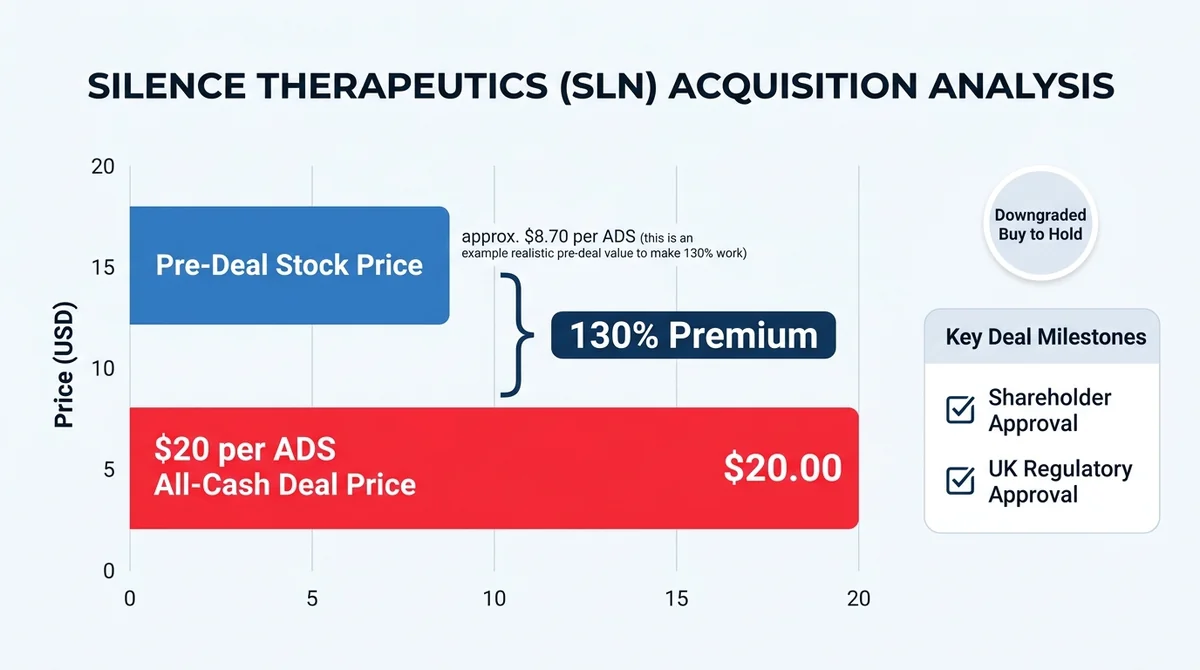 Wide 16:9 horizontal comparison bar chart, two bars comparing the pre-deal Silence Therapeutics stock price against the $20 p