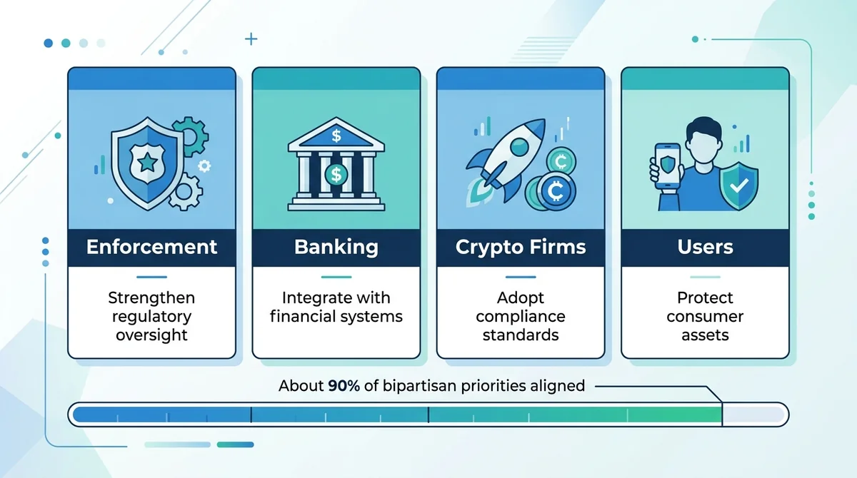 Wide 16:9 horizontal infographic, four equal panels labeled 'Enforcement', 'Banking', 'Crypto Firms', 'Users', each with a si