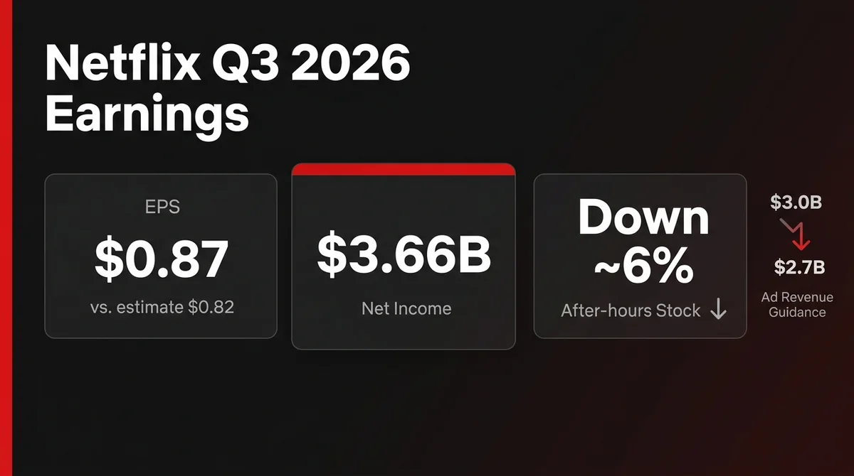 MSX 美股每日观察：Netflix 2026年三季度财报：每股收益87美分超预期，广告营收指引下调至27亿美元拖累盘后跌约6%