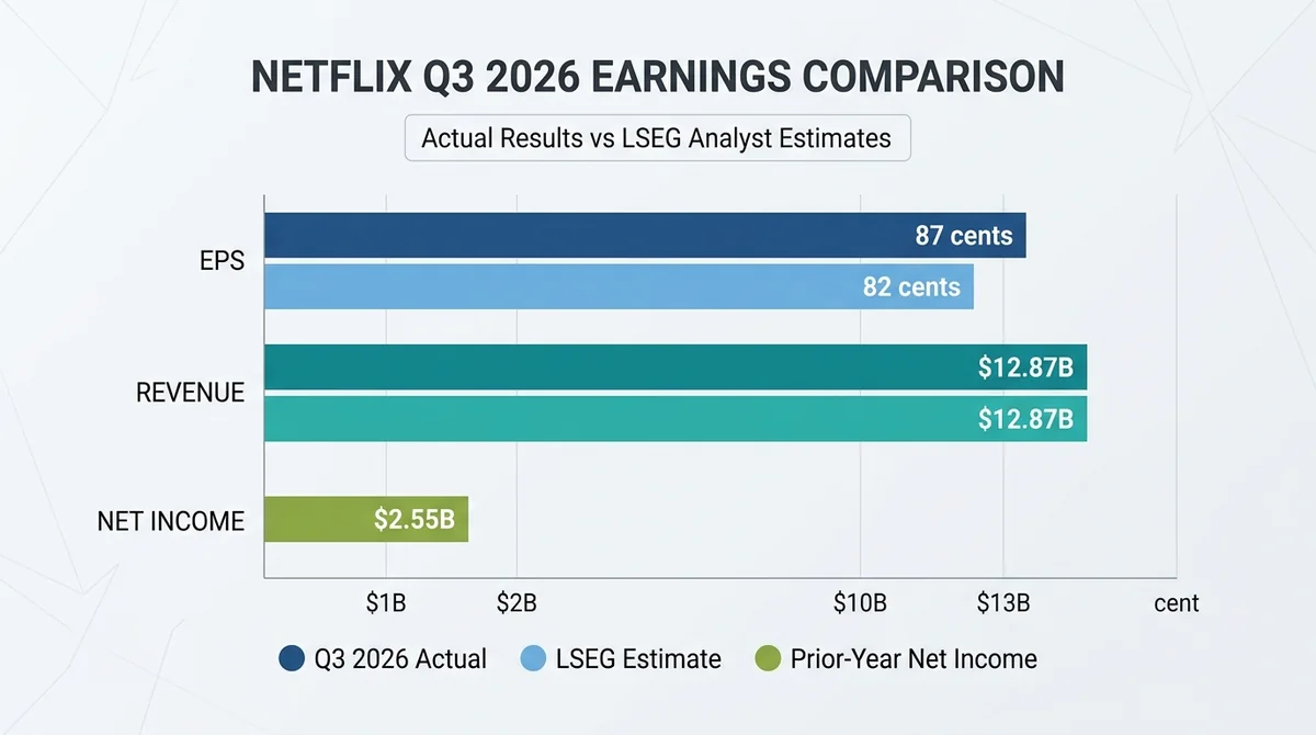 Grouped bar chart comparing Netflix Q3 2026 actual results vs LSEG analyst estimates for EPS (87 cents vs 82 cents) and reven