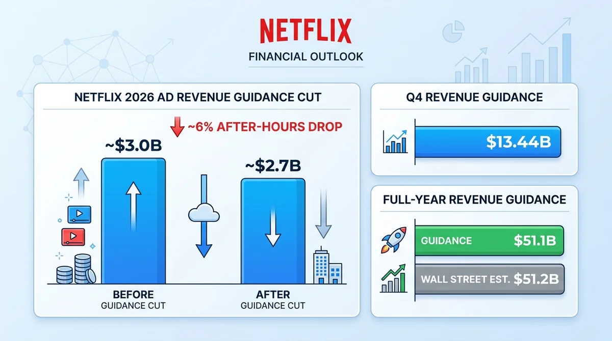 Before-and-after bar chart showing Netflix 2026 ad revenue guidance cut from ~$3.0B to ~$2.7B, alongside Q4 revenue guidance