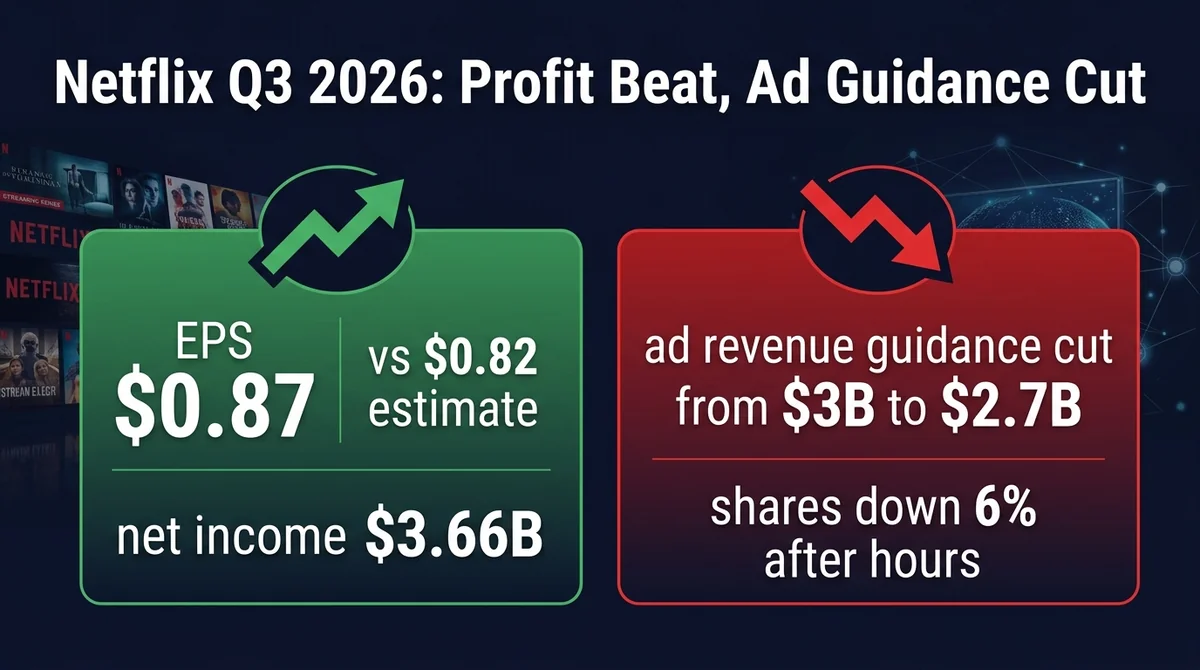 MSX Daily US Stock Watch: Netflix Q3 2026 Earnings: EPS of $0.87 Beats Estimates, Ad Revenue Guidance Cut to $2.7B Drags Shares Down ~6% After Hours