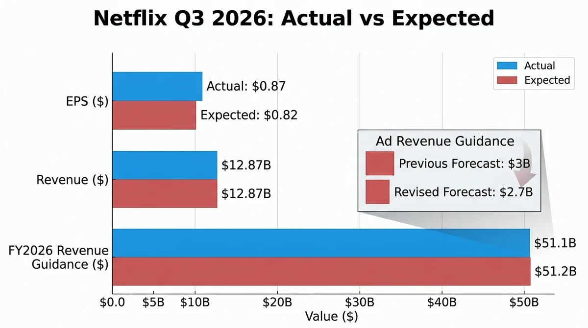 Wide 16:9 horizontal grouped bar chart, bold English title 'Netflix Q3 2026: Actual vs Expected', two bar colors for actual a