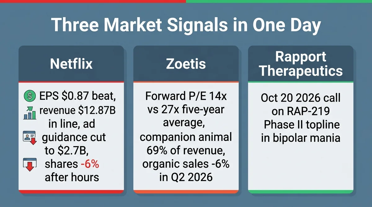 Wide 16:9 horizontal infographic with three side-by-side cards, bold English title 'Three Market Signals in One Day', card on