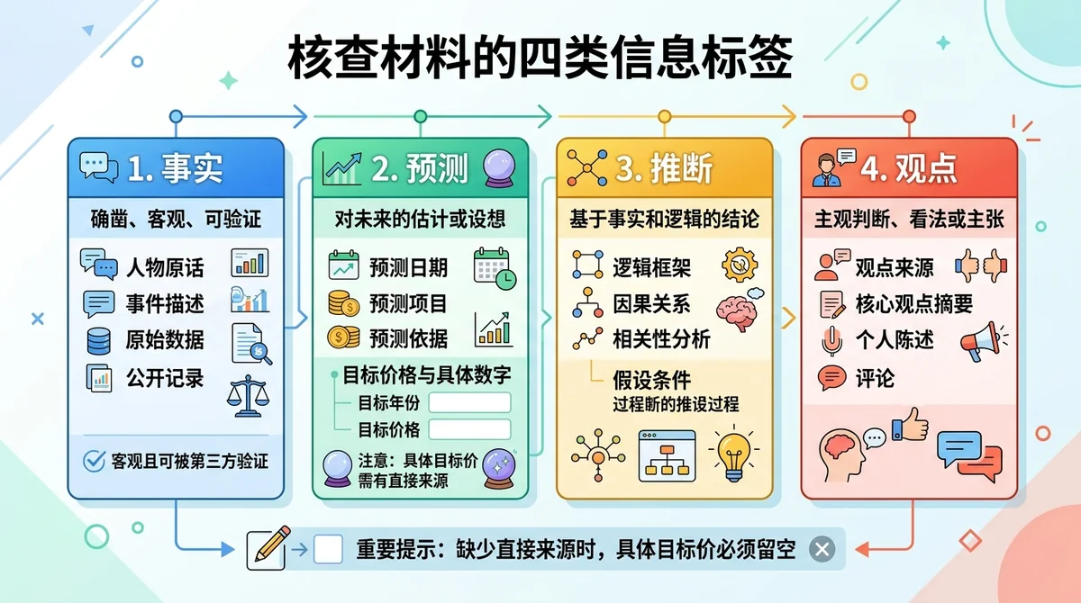 四类信息标签信息图,将核查材料划分为事实、预测、推断和观点,并列出人物原话、预测日期、目标年份、目标价格与假设条件等检查项,提醒具体目标价在缺少直接来源时必须留空。
