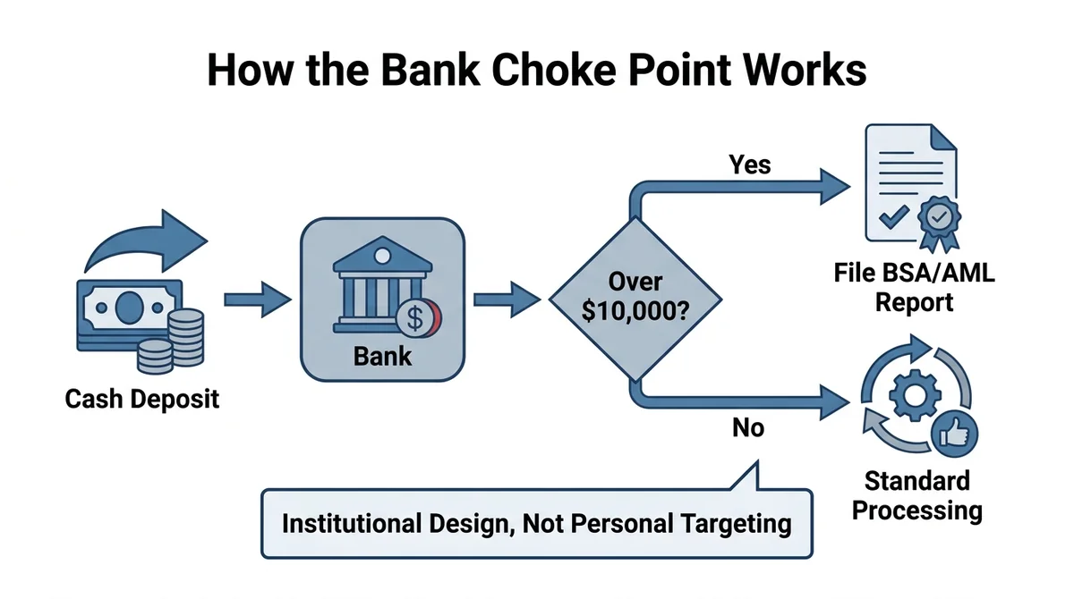 Wide 16:9 horizontal flow diagram, left to right: cash deposit icon arrow into a bank node, decision diamond labeled 'Over $1