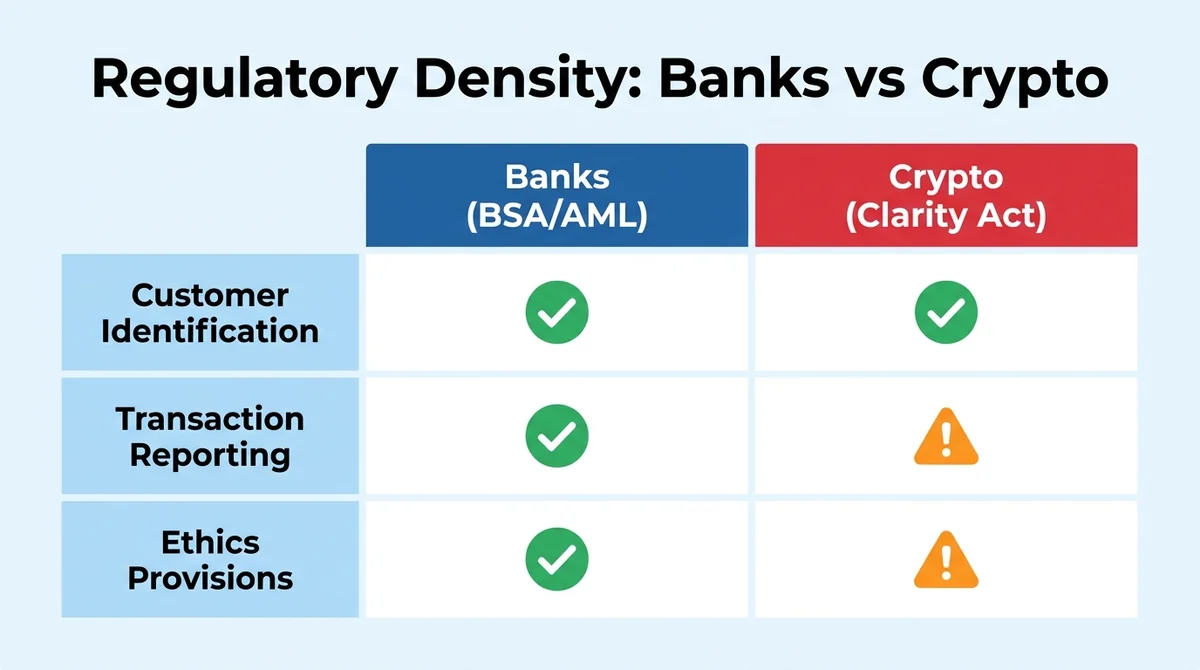 Wide 16:9 horizontal comparison table infographic, two columns labeled 'Banks (BSA/AML)' and 'Crypto (Clarity Act)', three ro