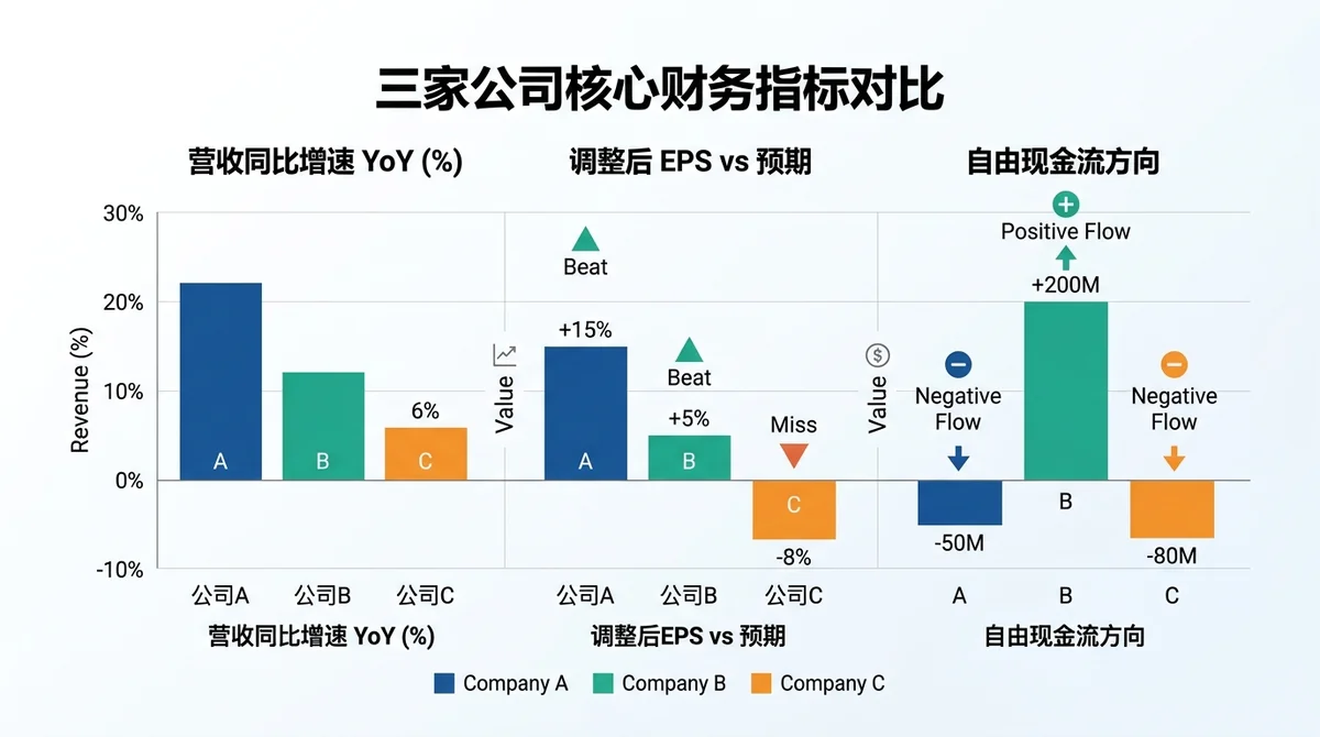 三家公司核心财务指标分组柱状图：营收同比增速、调整后每股收益超预期与否、自由现金流方向三条维度并列对比，突出收入端与现金流端的分化