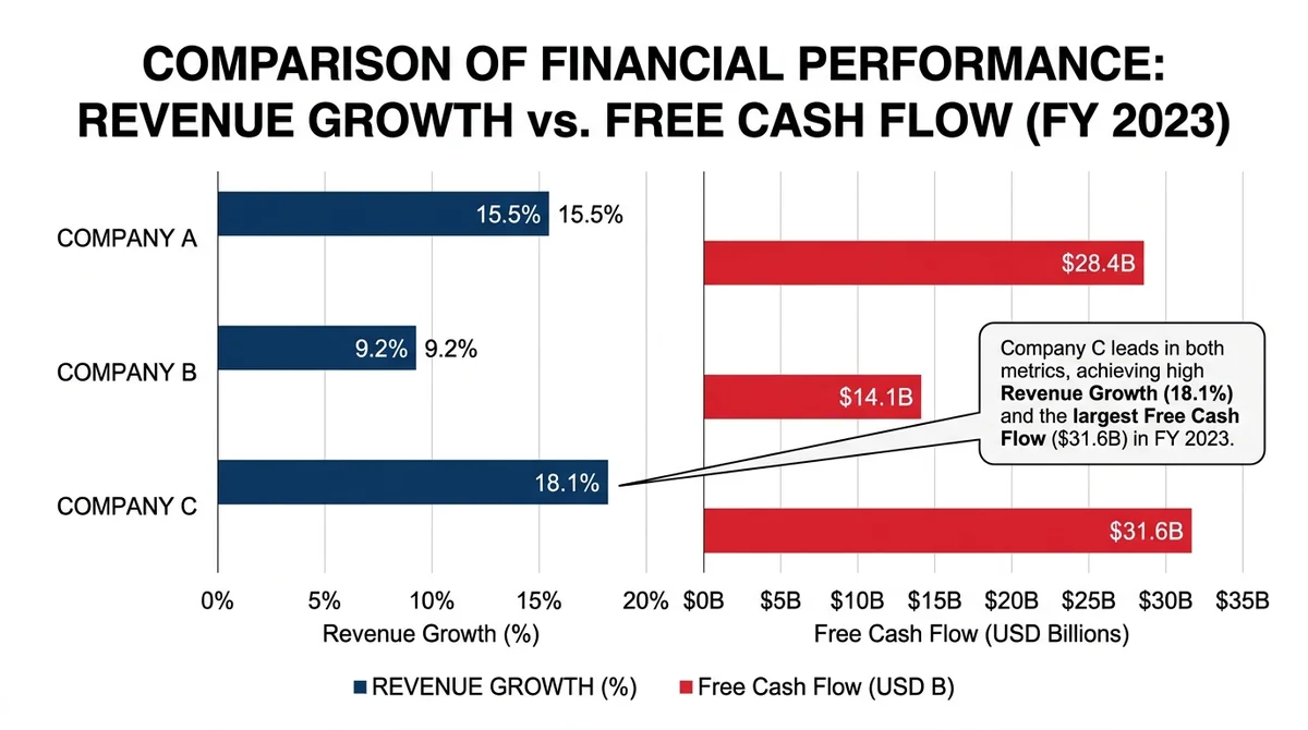 Wide 16:9 horizontal grouped bar chart comparing three companies on revenue growth and free cash flow, clear axis labels in E