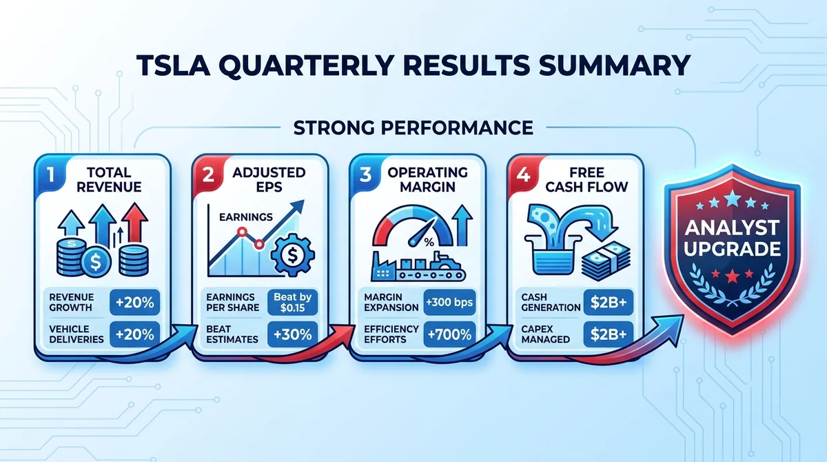 Wide 16:9 horizontal infographic with four tiles summarizing TSLA quarterly results, arrows connecting tiles to a final 'Upgr