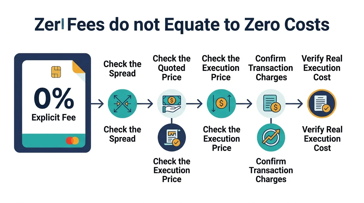 Wide 16:9 horizontal infographic, main flow centered and filling the frame, bold English title 'Zero Fee Does Not Automatical