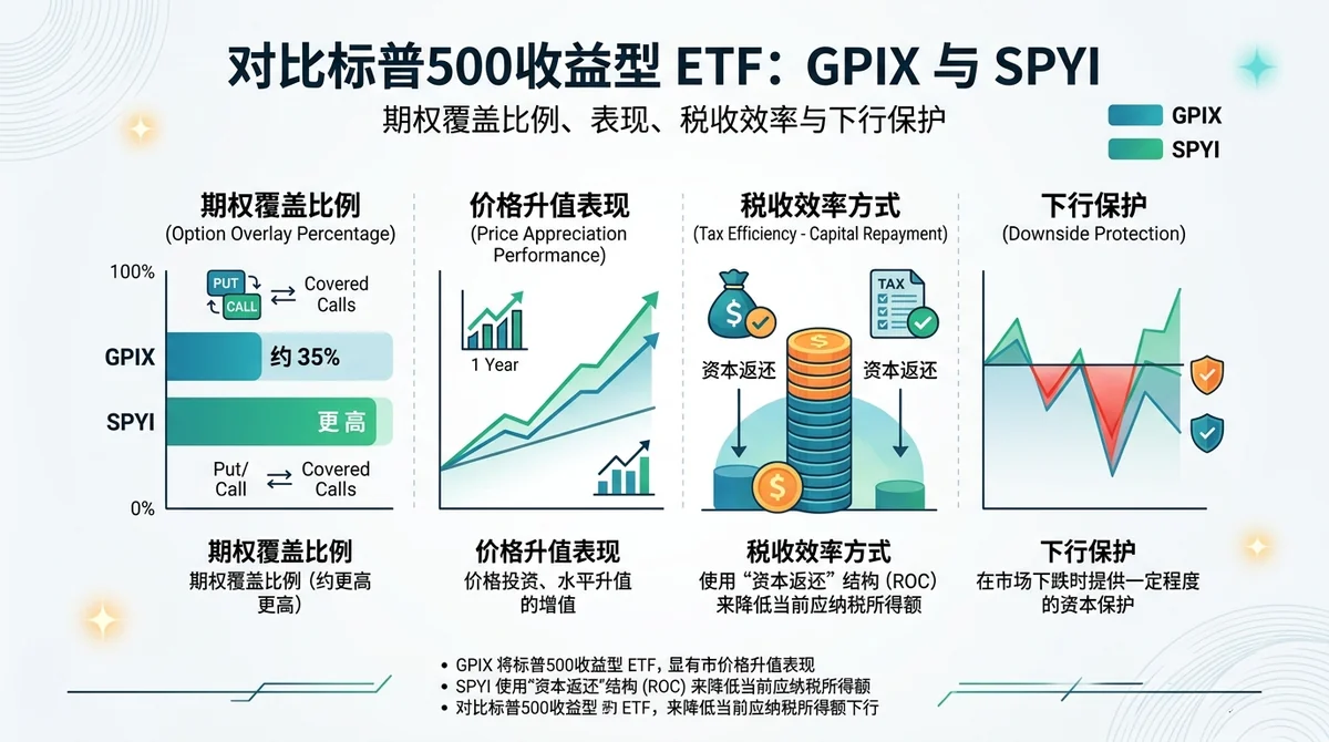 GPIX 与 SPYI 两只标普500收益型 ETF 对比条形图:对比期权覆盖比例(GPIX 约 35%,SPYI 更高)、价格升值表现、税收效率方式(资本返还)与是否提供下行保护