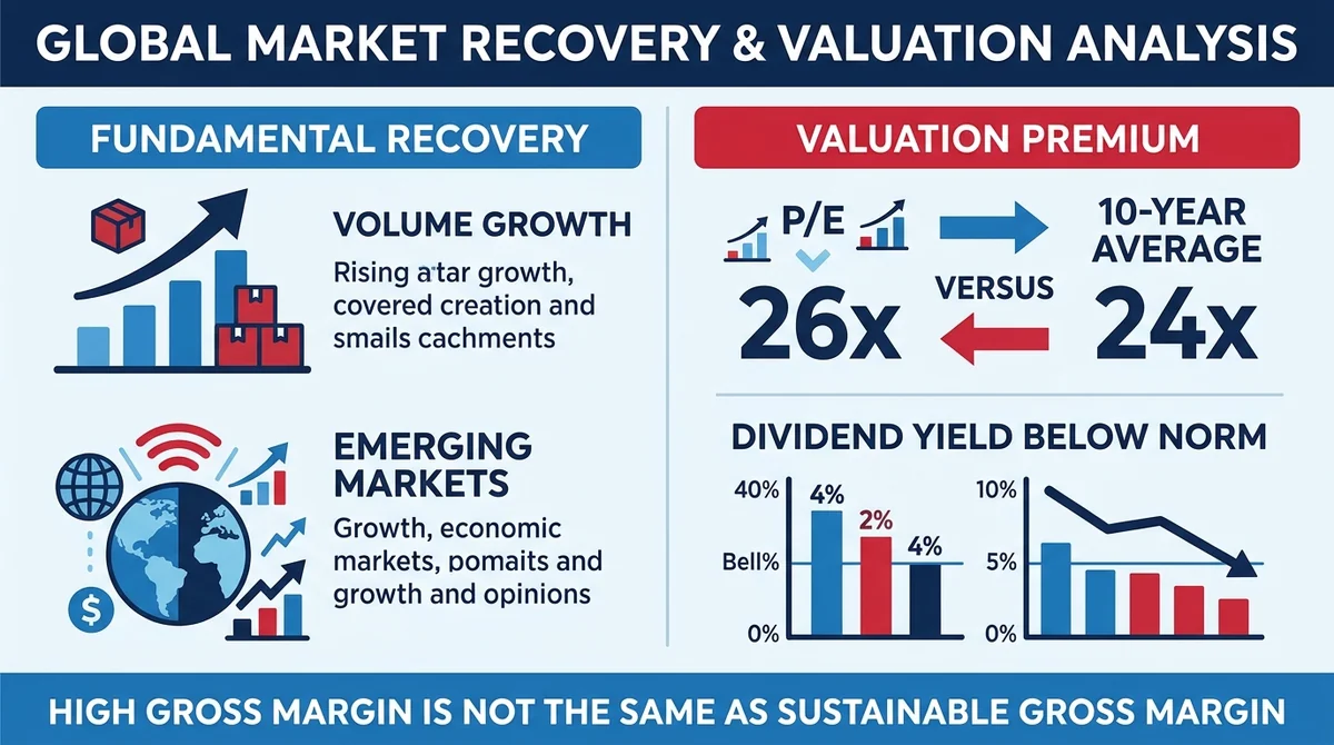 Wide 16:9 horizontal two-column infographic, left column titled 'Fundamental Recovery' with volume growth and emerging market