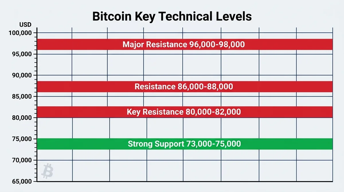 Wide 16:9 horizontal price ladder chart, vertical axis of Bitcoin price in USD, horizontal bands colored red for resistance a
