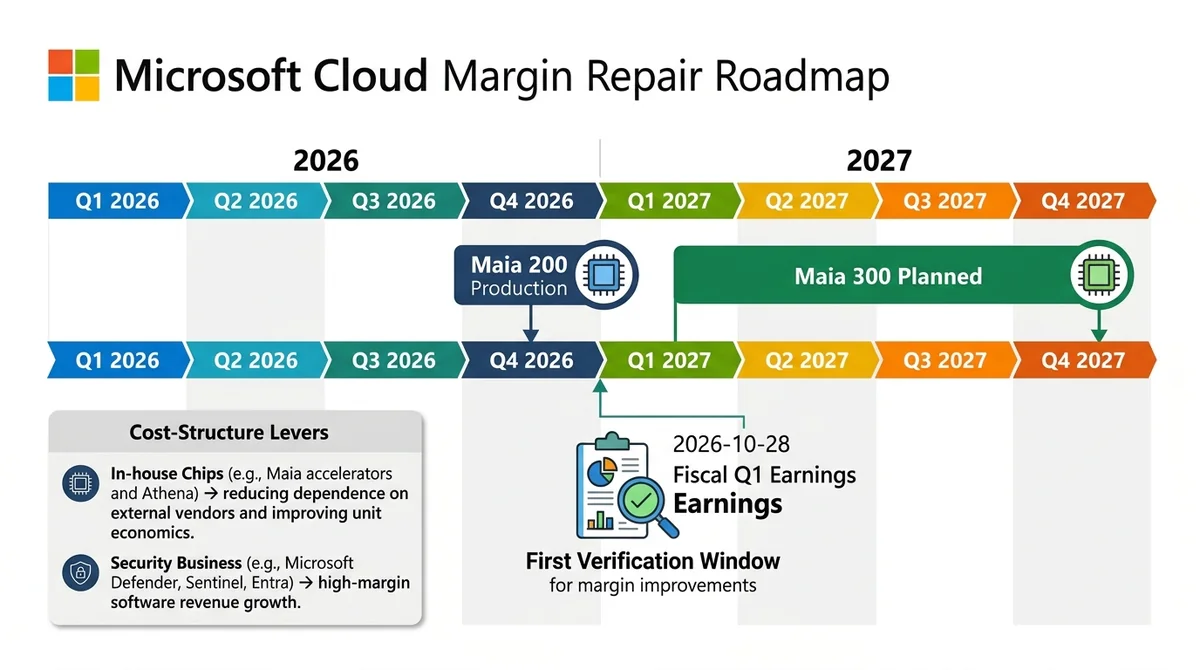 Microsoft cloud margin repair roadmap: horizontal timeline from 2026 to 2027 marking Maia 200 production in Q4 2026, Maia 300