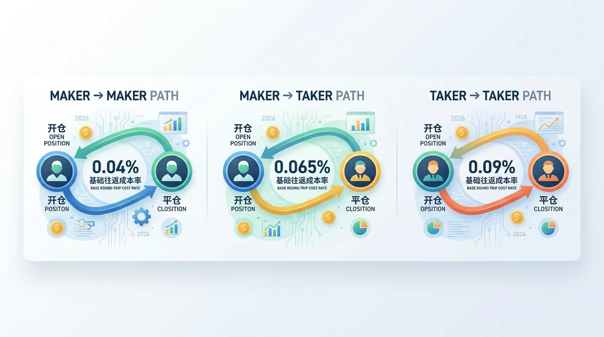 MSX合约开平仓路径对比2026：Maker→Maker、Maker→Taker与Taker→Taker往返成本及盈亏平衡