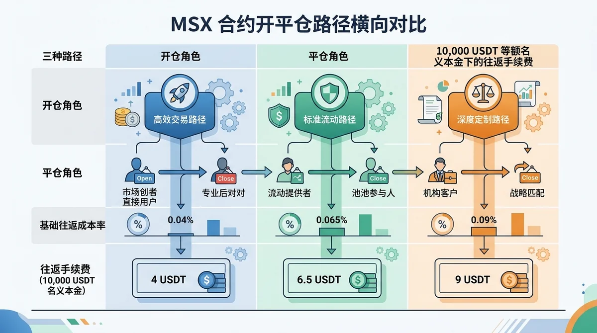 三种MSX合约开平仓路径的横向对比图，列出开仓角色、平仓角色、基础往返成本率，并以10,000 USDT等额名义本金展示4、6.5和9 USDT的往返手续费。