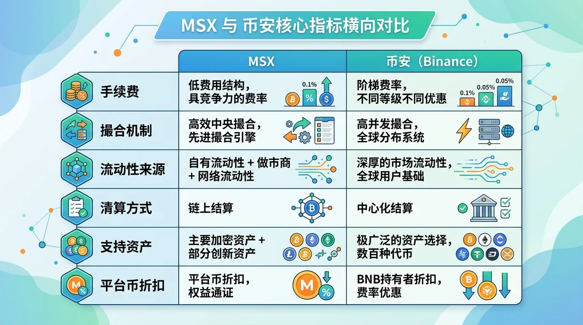 MSX与币安核心指标横向对比表格图：覆盖手续费、撮合机制、流动性来源、清算方式、支持资产、平台币折扣六大维度，两列分别标注MSX和币安数值