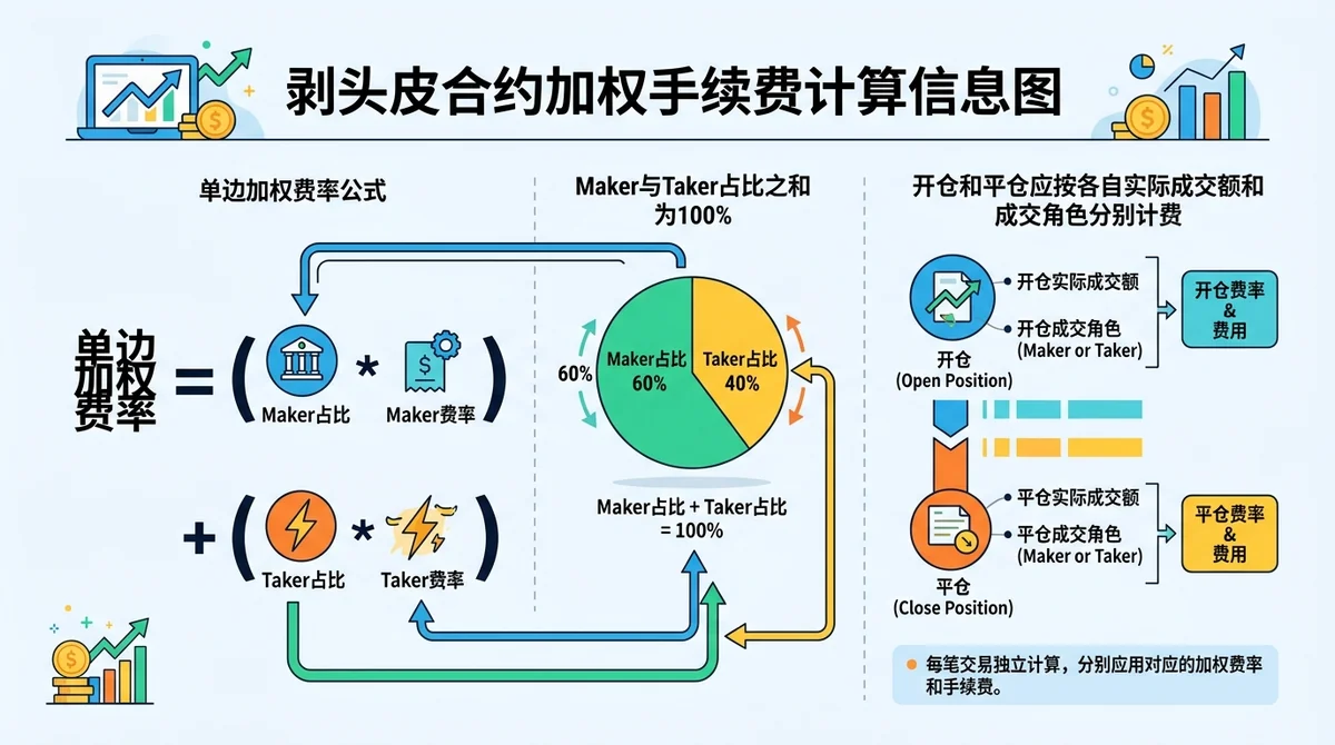 剥头皮合约加权手续费计算信息图,展示单边加权费率公式、Maker与Taker占比之和为100%,并提示开仓和平仓应按各自实际成交额和成交角色分别计费。