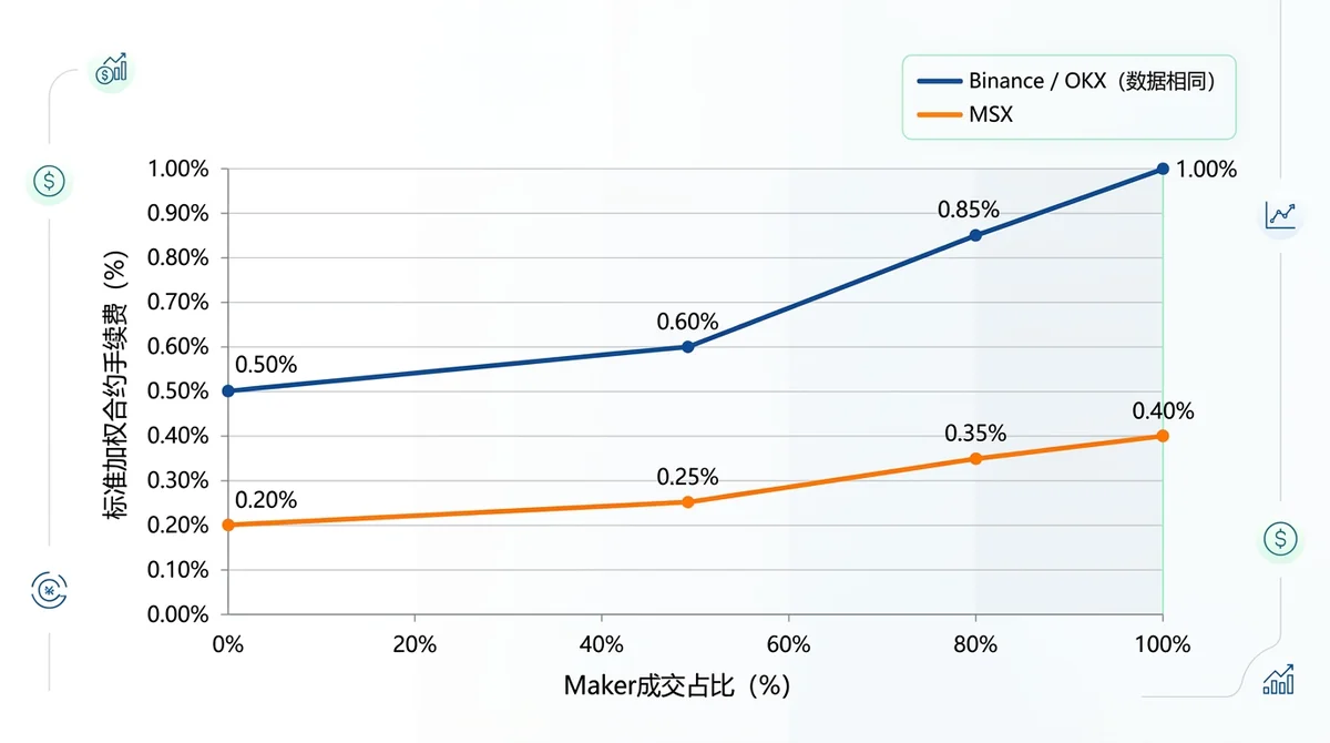 MSX、Binance与OKX在Maker成交占比为0%、50%、80%和100%时的标准加权合约手续费折线对比图;Binance与OKX数据相同,可使用重合线并明确标注。