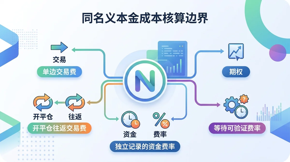 同名义本金成本核算边界信息图：以N为统一名义本金，区分单边交易费、开平仓往返交易费和独立记录的资金费率；期权费用分支标记为等待可验证费率。