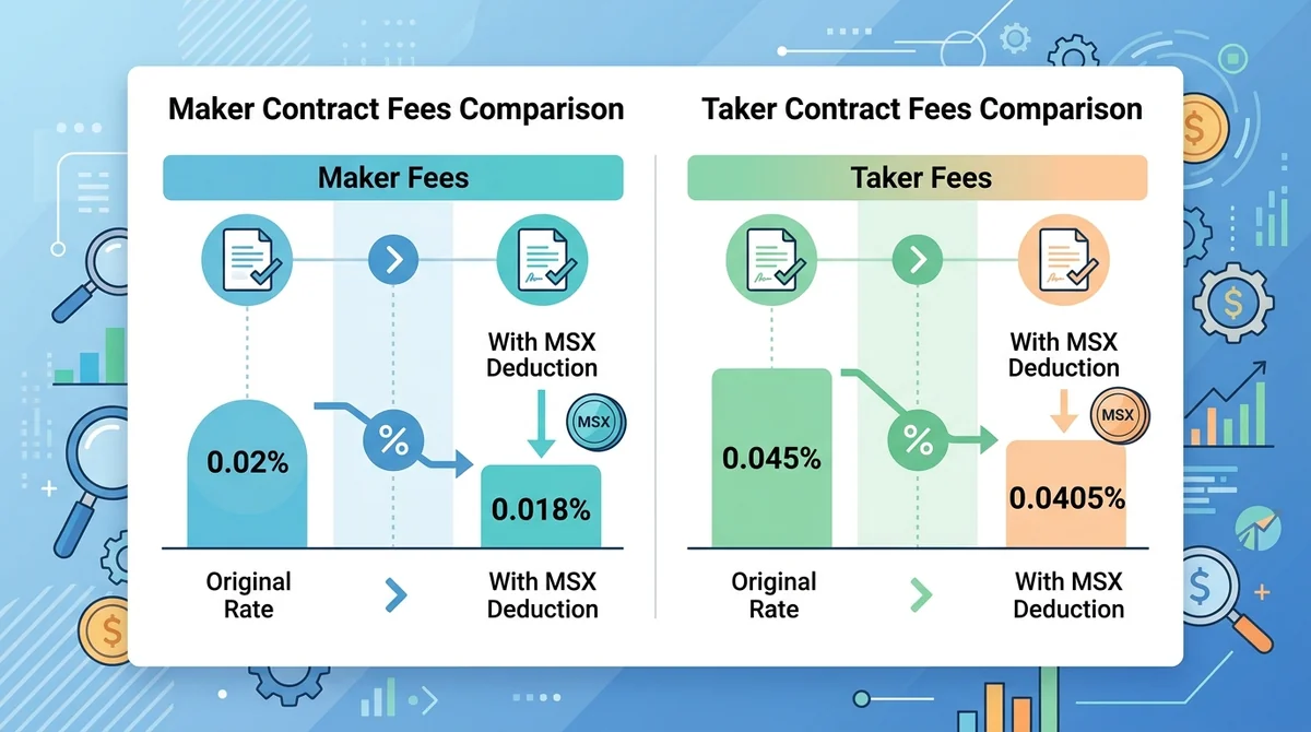 MSX永续合约Maker与Taker费率横向对比图，分别展示原费率与使用$MSX抵扣后的实际费率：Maker从0.02%降至0.018%，Taker从0.045%降至0.0405%。