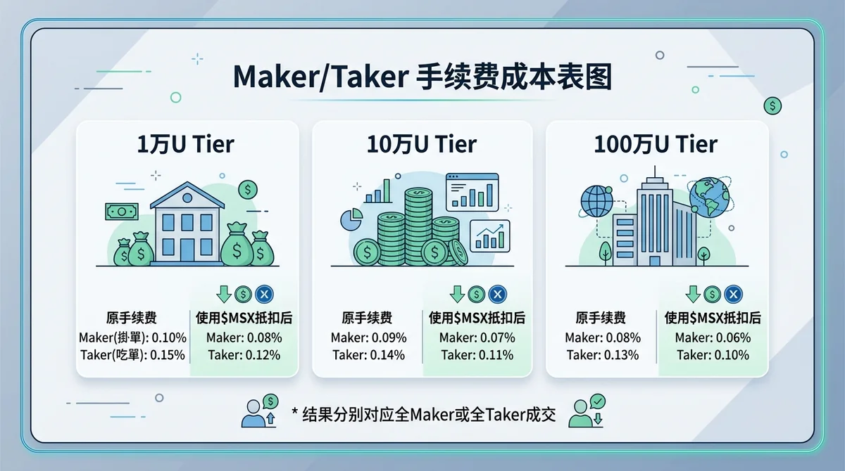 三档实际成交额的Maker/Taker手续费成本表图，按1万U、10万U和100万U展示原手续费及使用$MSX抵扣后的费用，并注明结果分别对应全Maker或全Taker成交。