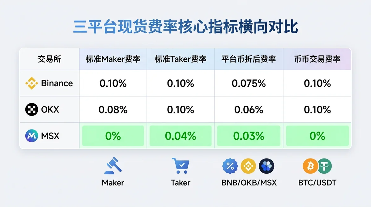三平台现货费率核心指标横向对比表格图：行为平台（Binance/OKX/MSX），列为标准Maker费率、标准Taker费率、平台币折后费率、币币交易费率，数值清晰标注，MSX 0%列用绿色高亮