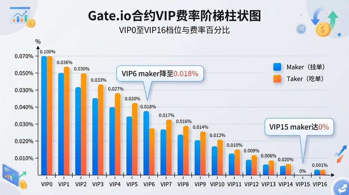 Gate.io合约VIP费率阶梯柱状图:X轴为VIP0至VIP16档位,Y轴为费率百分比,双色柱(maker蓝色/taker橙色),标注VIP6 maker降至0.018%和VIP15 maker达0%两个关键节点
