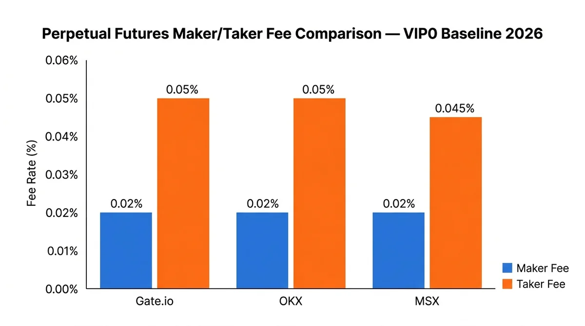 Wide 16:9 horizontal grouped bar chart, white background, title 'Perpetual Futures Maker/Taker Fee Comparison — VIP0 Baseline