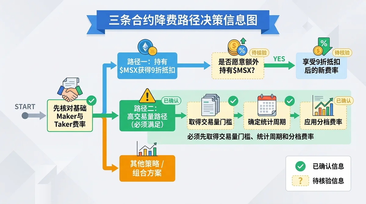 三条合约降费路径决策信息图:先核对基础Maker与Taker费率,再判断是否愿意额外持有$MSX获得9折抵扣;高交易量路径则标记为必须先取得交易量门槛、统计周期和分档费率。图中区分已确认信息与待核验信息。