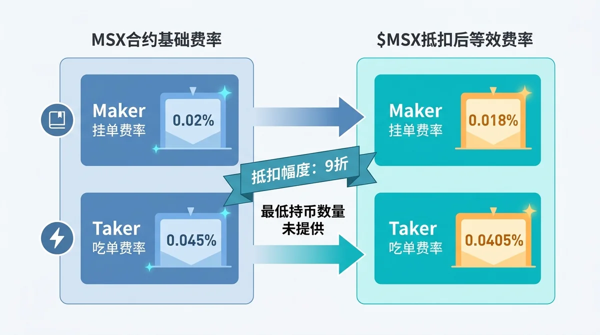 MSX合约基础费率与$MSX抵扣后等效费率横向对比图。分别展示Maker从0.02%降至0.018%、Taker从0.045%降至0.0405%,并标注抵扣幅度为9折、最低持币数量未提供。