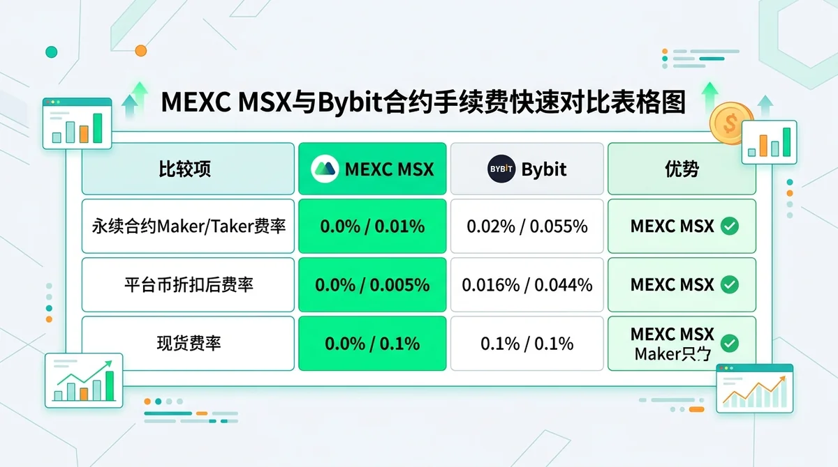 MEXC MSX与Bybit合约手续费快速对比表格图:包含永续合约maker/taker费率、平台币折扣后费率、现货费率三行数据,双列对比(MSX列 vs Bybit列),绿色高亮更低费率一方