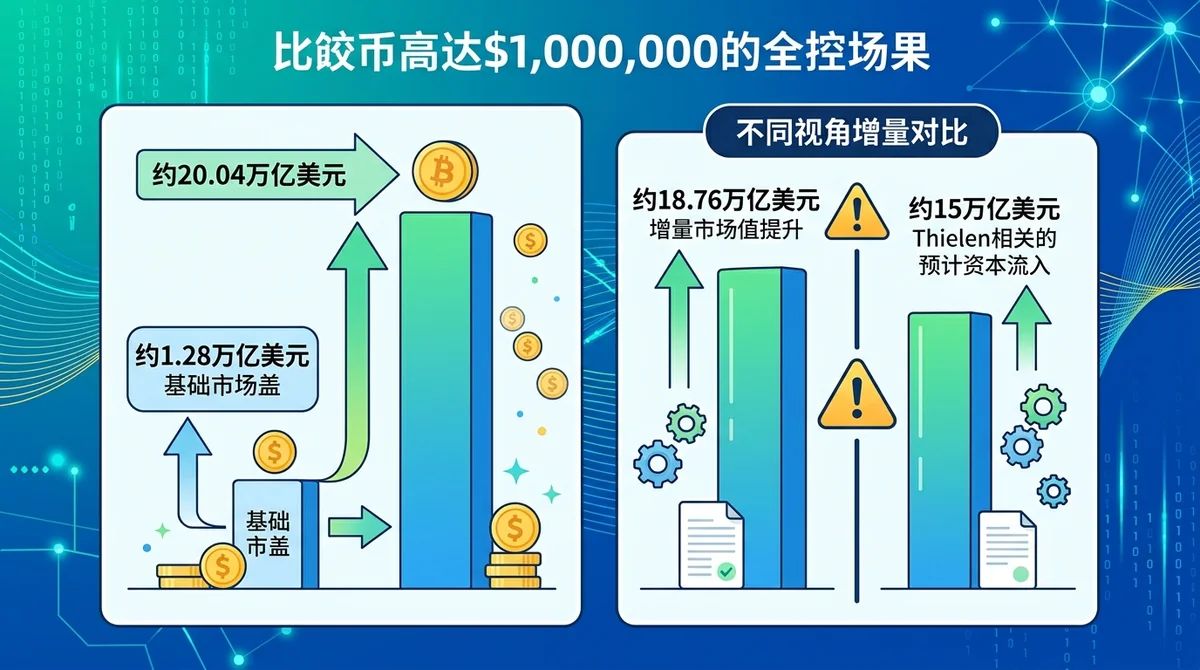 比特币100万美元情景核算对比图，左侧展示1.28万亿美元基准市值与约20.04万亿美元线性目标市值，右侧分别展示约18.76万亿美元线性市值增量和Thielen约15万亿美元资本流入估算，并明确后两者口径不同、不能直接互换。