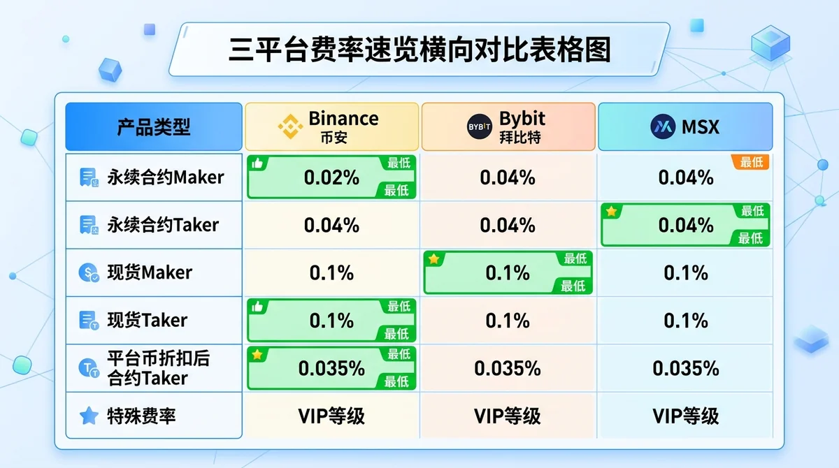 三平台费率速览横向对比表格图:列为平台名称(Binance/Bybit/MSX),行为产品类型(永续合约Maker、永续合约Taker、现货Maker、现货Taker、平台币折扣后合约Taker、特殊费率),数据单元格用颜色标注最低值