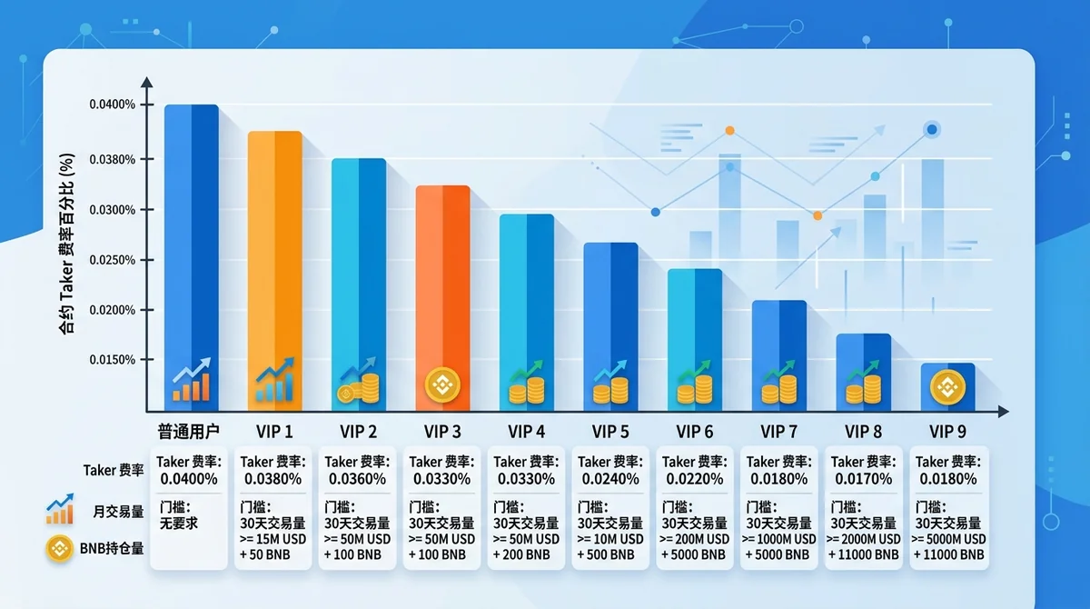 Binance VIP费率阶梯条形图:横轴为VIP等级(普通至VIP9),纵轴为合约Taker费率百分比,展示阶梯式降费路径,并标注各级门槛(月交易量+BNB持仓量)