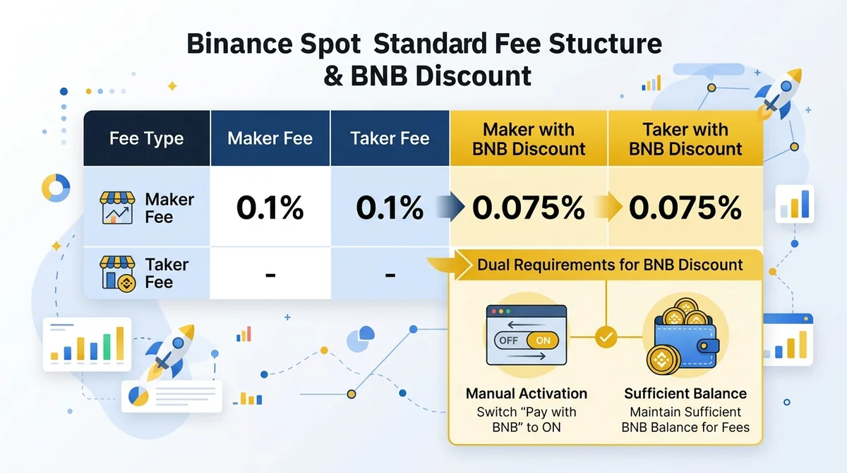 Binance现货标准费率结构说明图:横向对比表格展示Maker费率(0.1%)、Taker费率(0.1%)、BNB折扣后Maker(0.075%)、BNB折扣后Taker(0.075%),并标注折扣生效的双前提条件(手动开启+余额充足)