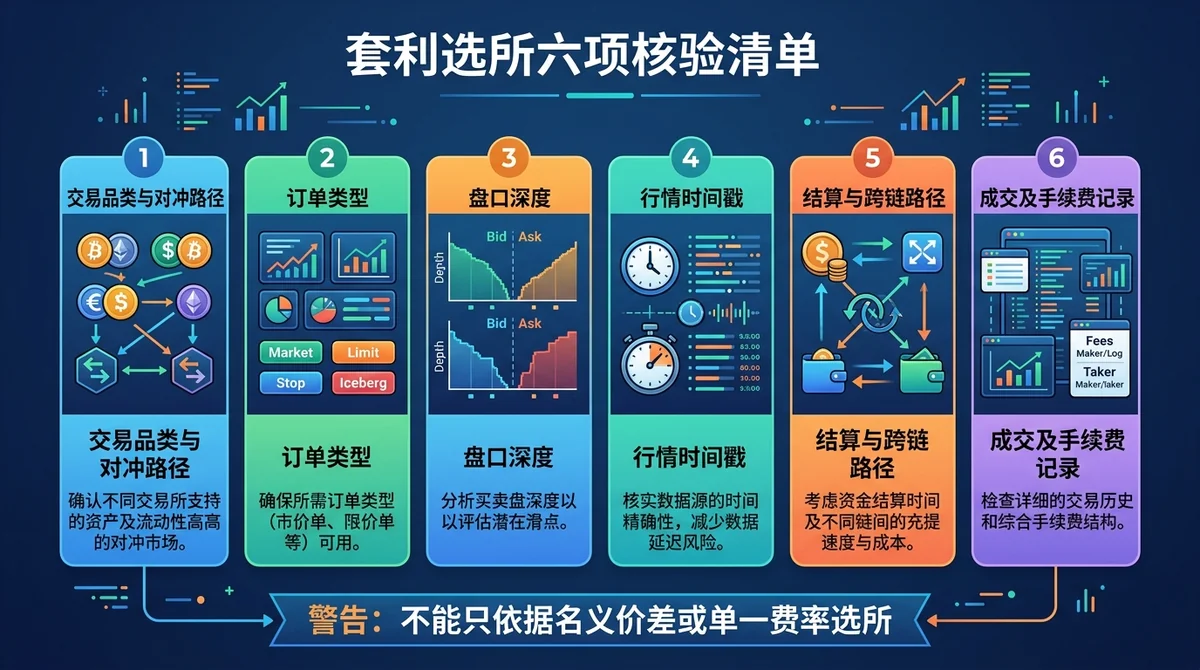 套利选所六项核验清单信息图,依次展示交易品类与对冲路径、订单类型、盘口深度、行情时间戳、结算与跨链路径、成交及手续费记录,强调不能只依据名义价差或单一费率选所。